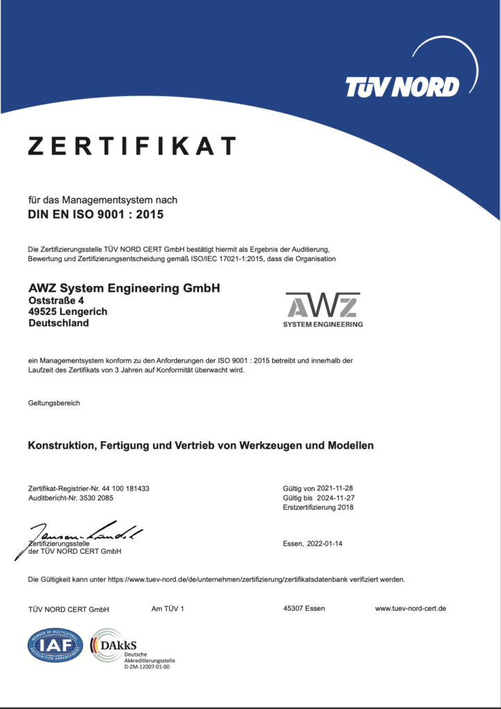 AWZ System Engineering DIN EN ISO 9001 : 2015